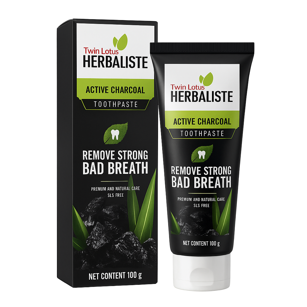 Twin Lotus Herbaliste Active Charcoal Toothpaste packaging on a white background