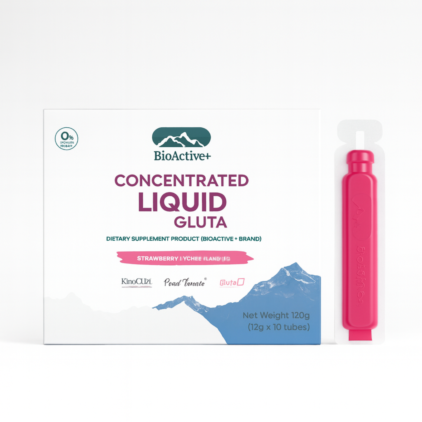 BioActive Concentrated Liquid Gluta dietary supplement packaging with a pink tube on a white background